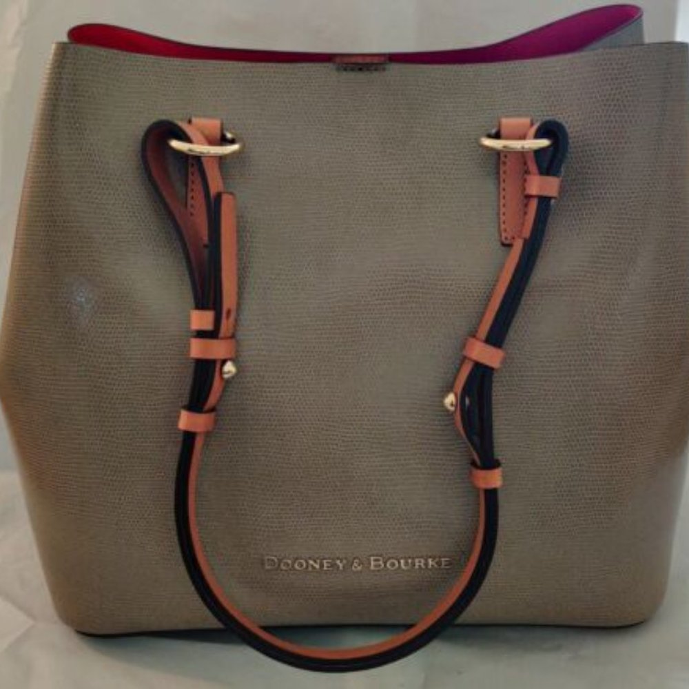 Dooney & Bourke Grey Leather Patterned Bag, Red Interior & Matching Coin Purse